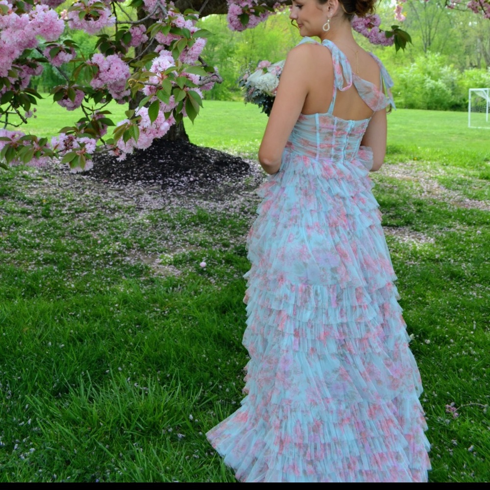 Chic Ruffled Floral Prom Dress - Picture 2 of 2